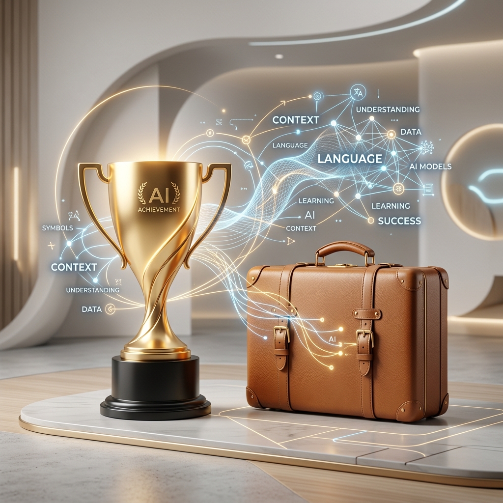 Visual explanation showing a gold trophy next to a leather suitcase, representing the Winograd Schema challenge.